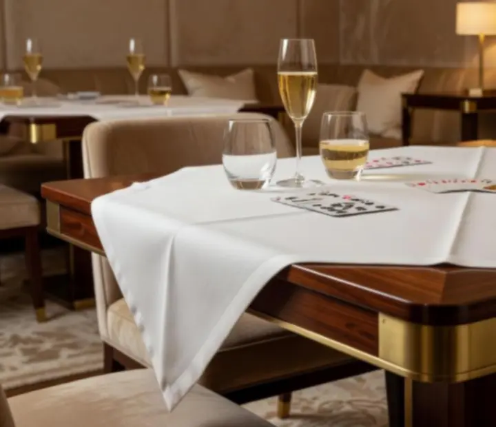 Finoman megvilágított kártyaasztalok elegáns, esti Verdoxxa Lounge környezetben