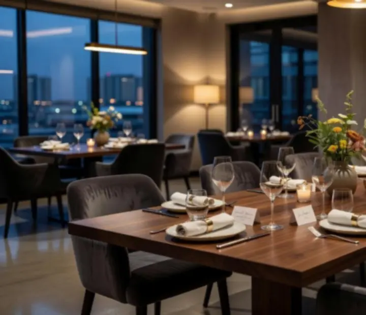 Üzleti vacsorához megterített asztalok és elegáns bistro környezet
