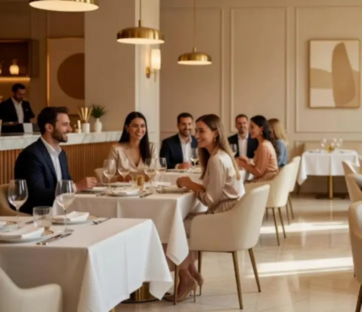 Vendégek egy elegáns, meleg fényű bisztróban, finom fogásokat élvezve