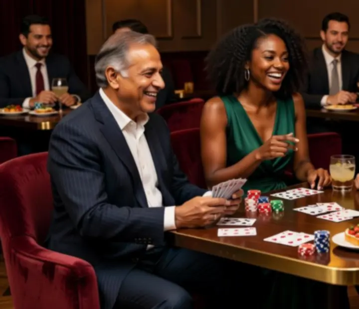 Vendégek kártyáznak, nevetnek és italokat kortyolnak a Verdoxxa Lounge bistro-lounge terében