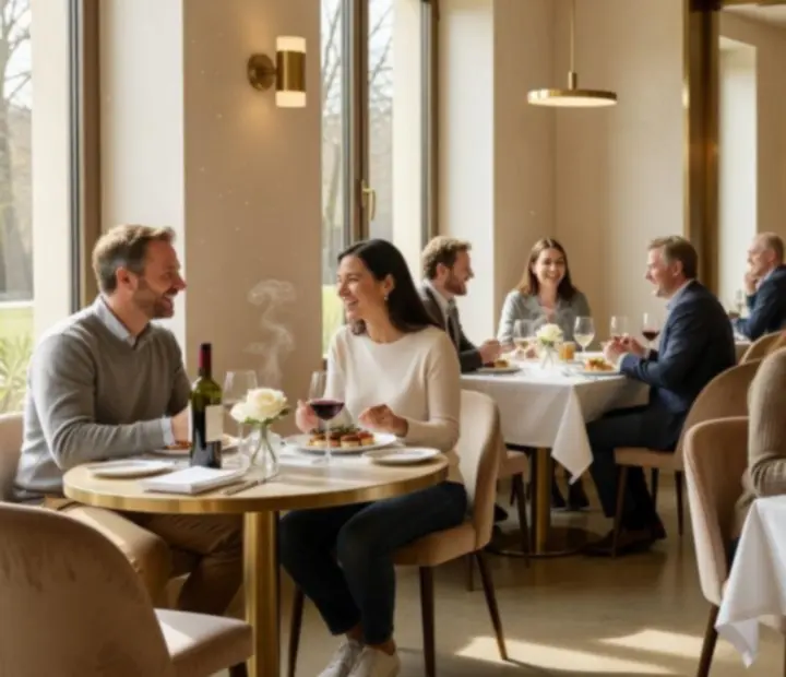 Verdoxxa belső tere meleg világítással, elegáns pavilon-szerű bisztró- és lounge-elrendezéssel.